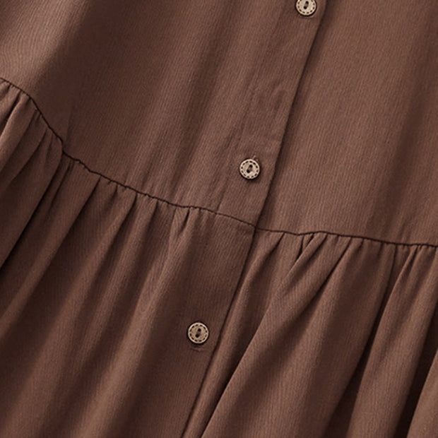 Buddha Stones Commute Pure Color Button Design Lapel Cotton Midi Dress - image 11