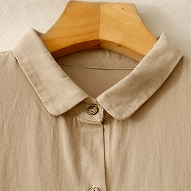 Buddha Stones Commute Pure Color Button Design Lapel Cotton Midi Dress - image 3