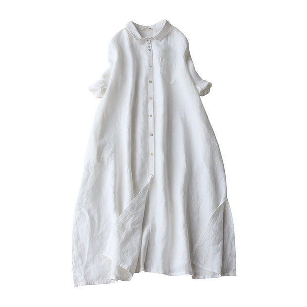 Buddha Stones Buttons Design Lapel Three Quarter Sleeve Cotton Linen Midi Dress With Pockets - White - US8-10，UK/AU12-14，EU40-42 (2XL) - image 6