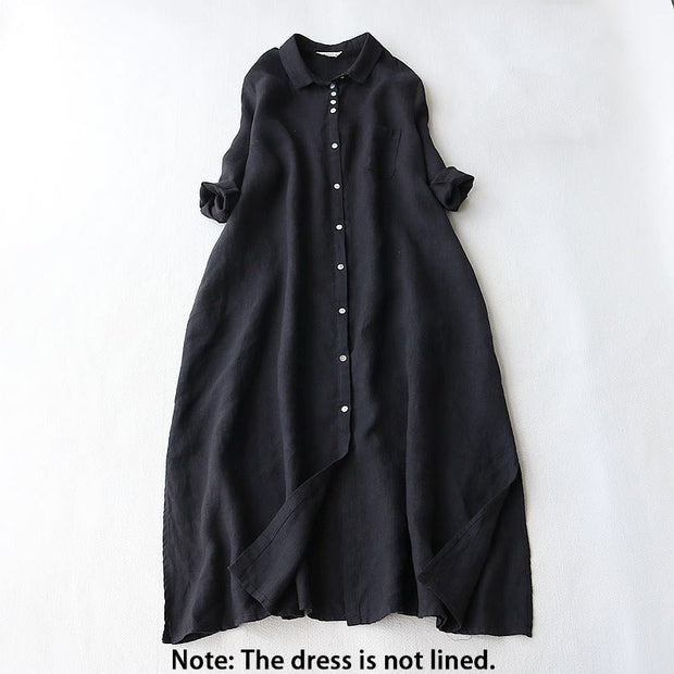 Buddha Stones Buttons Design Lapel Three Quarter Sleeve Cotton Linen Midi Dress With Pockets - image 2