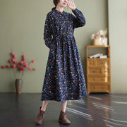 Buddha Stones Ethnic Printing Drawstring Long Sleeve Cotton Linen Maxi Dress With Pockets - image 3