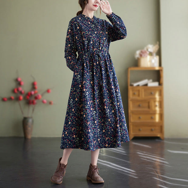 Buddha Stones Ethnic Printing Drawstring Long Sleeve Cotton Linen Maxi Dress With Pockets - image 3