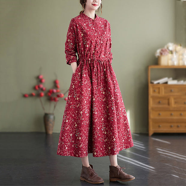 Buddha Stones Ethnic Printing Drawstring Long Sleeve Cotton Linen Maxi Dress With Pockets - image 8