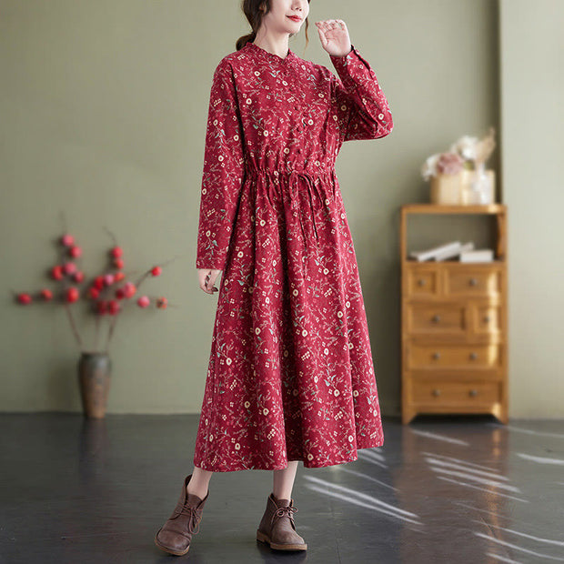 Buddha Stones Ethnic Printing Drawstring Long Sleeve Cotton Linen Maxi Dress With Pockets - Crimson - US8-10，UK/AU12-14，EU40-42 (2XL) - image 6