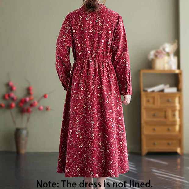 Buddha Stones Ethnic Printing Drawstring Long Sleeve Cotton Linen Maxi Dress With Pockets - image 7