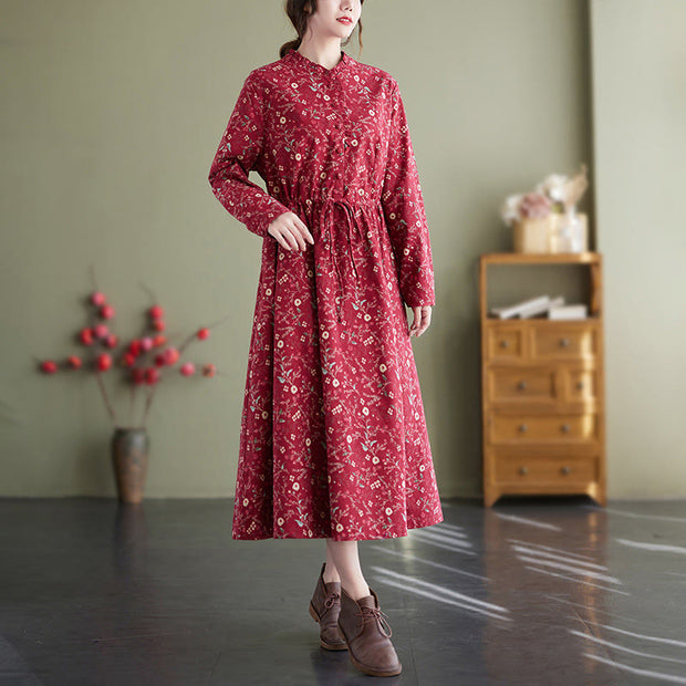 Buddha Stones Ethnic Printing Drawstring Long Sleeve Cotton Linen Maxi Dress With Pockets - image 9