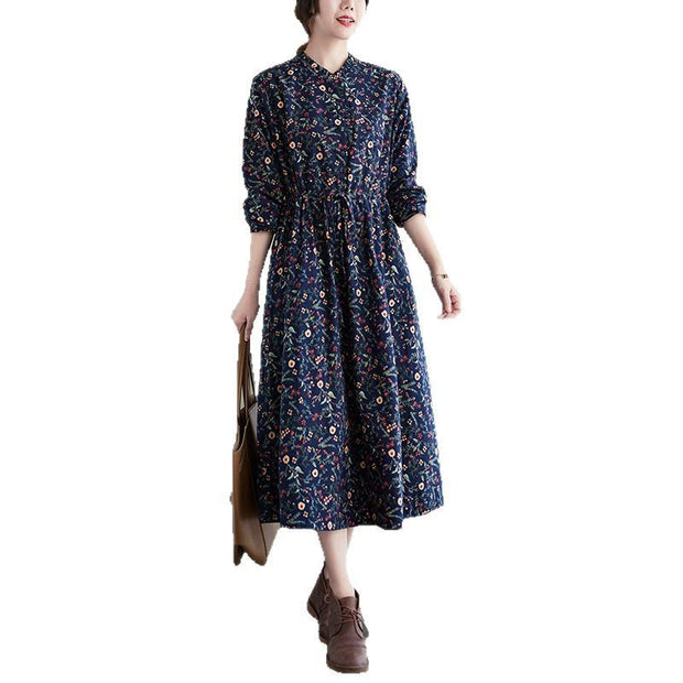 Buddha Stones Ethnic Printing Drawstring Long Sleeve Cotton Linen Maxi Dress With Pockets - image 5