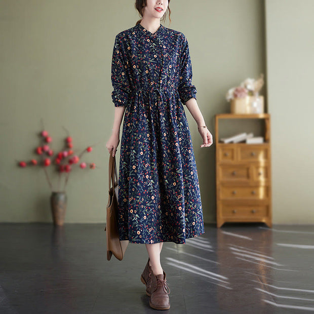 Buddha Stones Ethnic Printing Drawstring Long Sleeve Cotton Linen Maxi Dress With Pockets - MidnightBlue - US8-10，UK/AU12-14，EU40-42 (2XL) - image 1