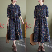 Buddha Stones Ethnic Printing Drawstring Long Sleeve Cotton Linen Maxi Dress With Pockets - image 4