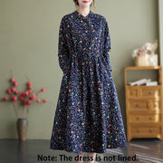 Buddha Stones Ethnic Printing Drawstring Long Sleeve Cotton Linen Maxi Dress With Pockets - image 2