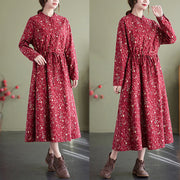 Buddha Stones Ethnic Printing Drawstring Long Sleeve Cotton Linen Maxi Dress With Pockets - image 11