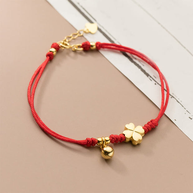 Buddha Stones 925 Sterling Silver Plated Gold Four Leaf Clover Red String Connection Bracelet - 925 Sterling Silver(Wrist Circumference: 19.5-22cm) - image 1