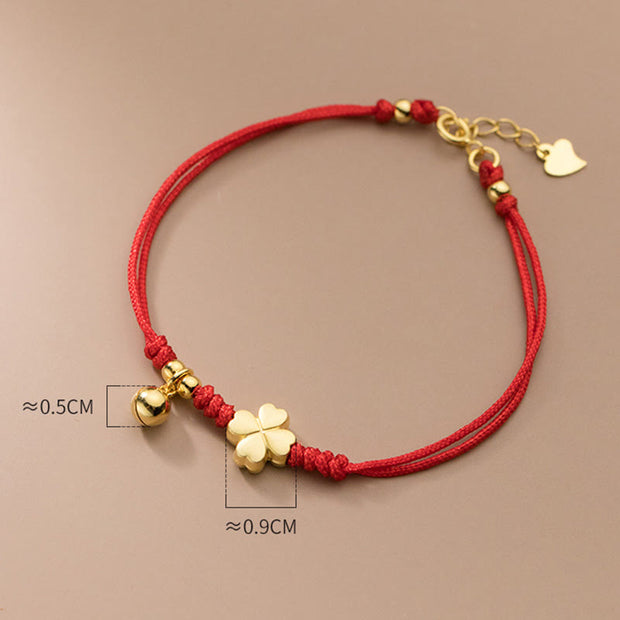 Buddha Stones 925 Sterling Silver Plated Gold Four Leaf Clover Red String Connection Bracelet - image 9