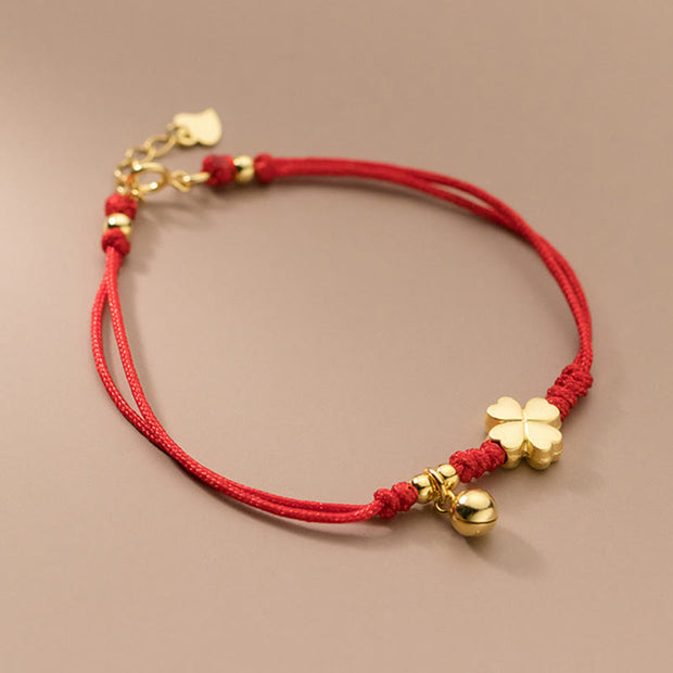 Buddha Stones 925 Sterling Silver Plated Gold Four Leaf Clover Red String Connection Bracelet - image 2