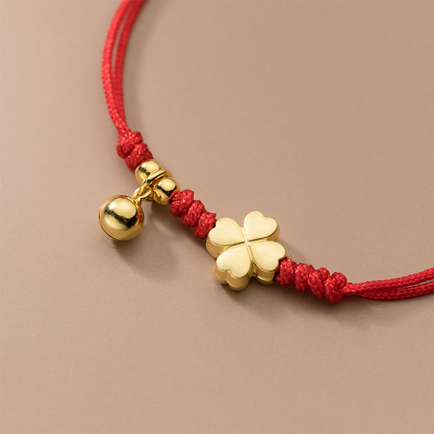 Buddha Stones 925 Sterling Silver Plated Gold Four Leaf Clover Red String Connection Bracelet - image 4