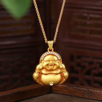 Buddha Stones Copper Laughing Buddha Pattern Happiness Necklace Pendant - Copper Buddha - image 1
