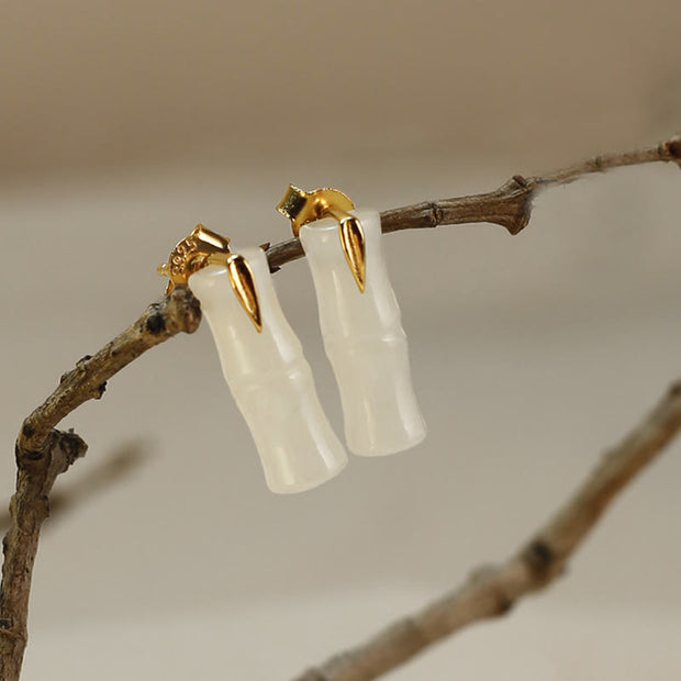 Buddha Stones Bamboo Hetian Jade 925 Sterling Silver Leaf Wealth Earrings - Hetian Jade Polished(925 Sterling Silver Posts) - Long Bamboo Leaves - image 1