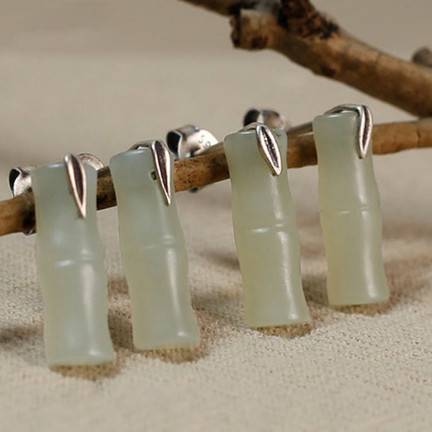 Buddha Stones Bamboo Hetian Jade 925 Sterling Silver Leaf Wealth Earrings - image 11
