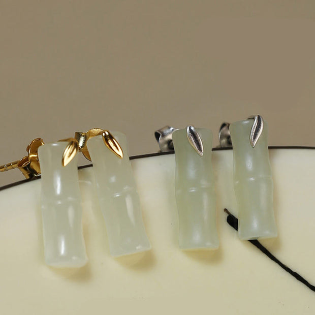 Buddha Stones Bamboo Hetian Jade 925 Sterling Silver Leaf Wealth Earrings - image 12