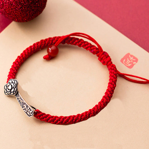 Buddha Stones Retro 925 Sterling Silver Ruyi As One Wishes Red String Braided Luck Bracelet - image 4