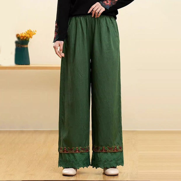 Buddha Stones Casual Embroidered Lace Cotton Linen Women's Wide Leg Pants With Pockets - Green - US14，UK/AU18，EU46 (4XL) - image 4