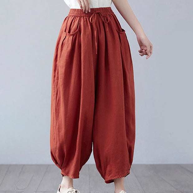 Buddha Stones Summer Plain Cropped Pants Women's Cotton Linen Harem Pants With Pockets - image 42