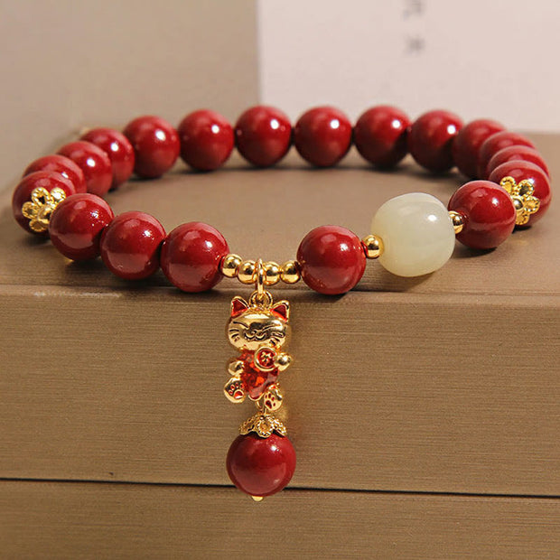 Buddha Stones Natural Lucky Cat Pendant Cinnabar Blessing Bracelet - image 2