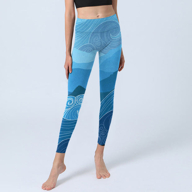 Buddha Stones Blue Waves Mountains Print Gym Leggings Women's Yoga Pants - image 6