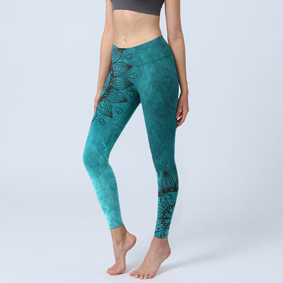 Buddha Stones Green Sunflowers Blossoms Print Gym Leggings Women's Yoga Pants - CadetBlue - US18，UK/AU22，EU50 (4XL) - image 1