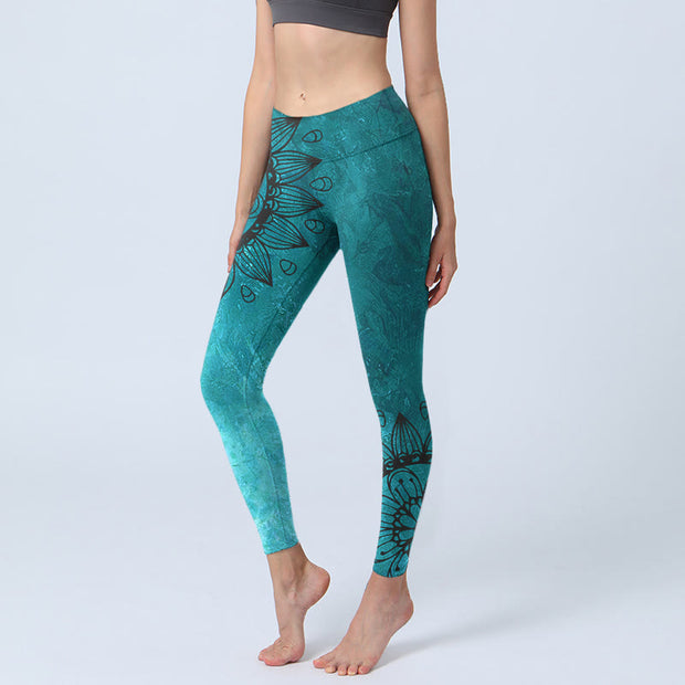 Buddha Stones Green Sunflowers Blossoms Print Gym Leggings Women's Yoga Pants - CadetBlue - US18，UK/AU22，EU50 (4XL) - image 1
