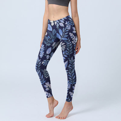 Buddha Stones Purple Leaves Print Gym Leggings Women's Yoga Pants - DarkSlateBlue - US18，UK/AU22，EU50 (4XL) - image 1