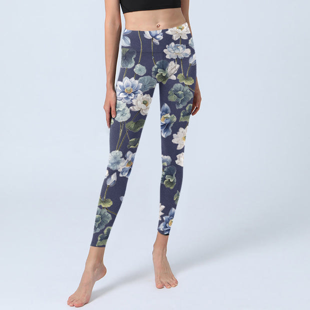 Buddha Stones Blue White Lotus Flowers Oil Painting Print Gym Leggings Women's Yoga Pants - image 6