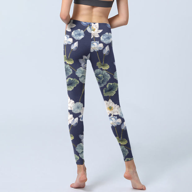 Buddha Stones Blue White Lotus Flowers Oil Painting Print Gym Leggings Women's Yoga Pants - image 7