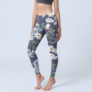 Buddha Stones Blue White Lotus Flowers Oil Painting Print Gym Leggings Women's Yoga Pants - SteelBlue - US18，UK/AU22，EU50 (4XL) - image 1