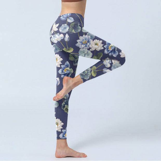 Buddha Stones Blue White Lotus Flowers Oil Painting Print Gym Leggings Women's Yoga Pants - image 4