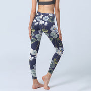Buddha Stones Blue White Lotus Flowers Oil Painting Print Gym Leggings Women's Yoga Pants - image 5