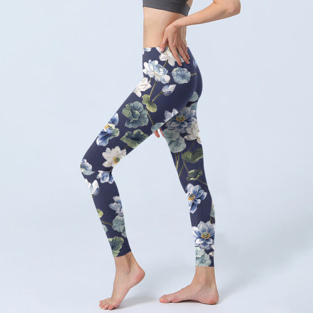 Buddha Stones Blue White Lotus Flowers Oil Painting Print Gym Leggings Women's Yoga Pants - image 3