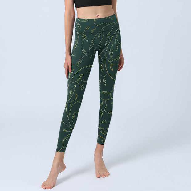 Buddha Stones Green Golden Leaves Branches Print Gym Leggings Women's Yoga Pants - image 6