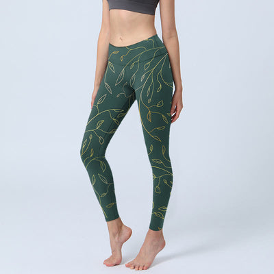 Buddha Stones Green Golden Leaves Branches Print Gym Leggings Women's Yoga Pants - SeaGreen - US18，UK/AU22，EU50 (4XL) - image 1