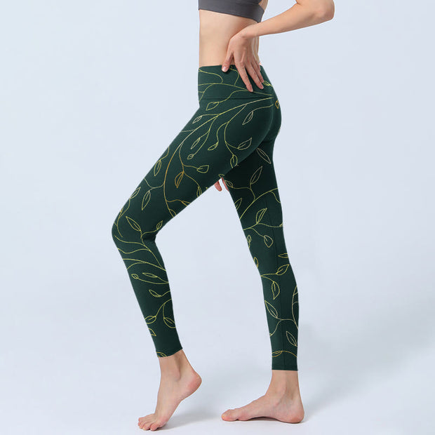 Buddha Stones Green Golden Leaves Branches Print Gym Leggings Women's Yoga Pants - image 3