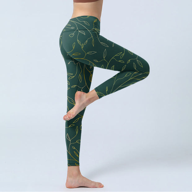 Buddha Stones Green Golden Leaves Branches Print Gym Leggings Women's Yoga Pants - image 4