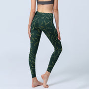 Buddha Stones Green Golden Leaves Branches Print Gym Leggings Women's Yoga Pants - image 5