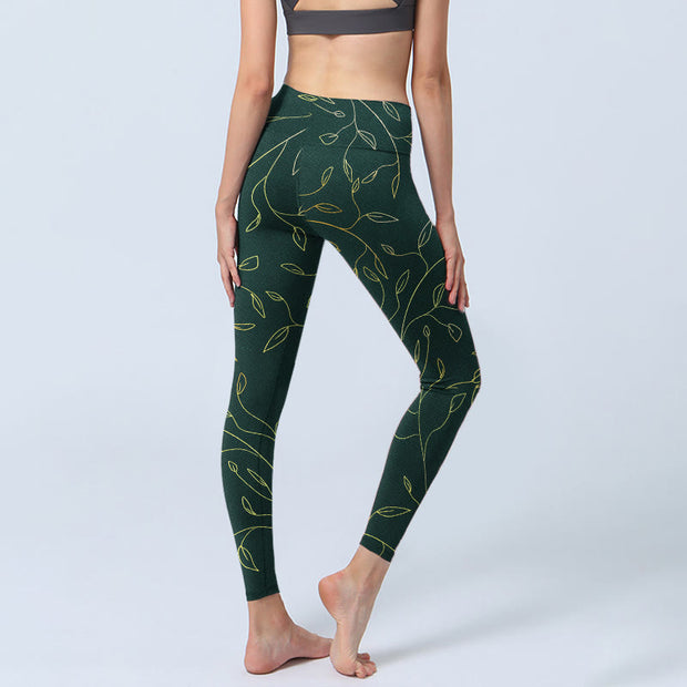 Buddha Stones Green Golden Leaves Branches Print Gym Leggings Women's Yoga Pants - image 5