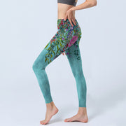 Buddha Stones Vibrant Flowers Green Willow Leaves Print Gym Leggings Women's Yoga Pants - image 3