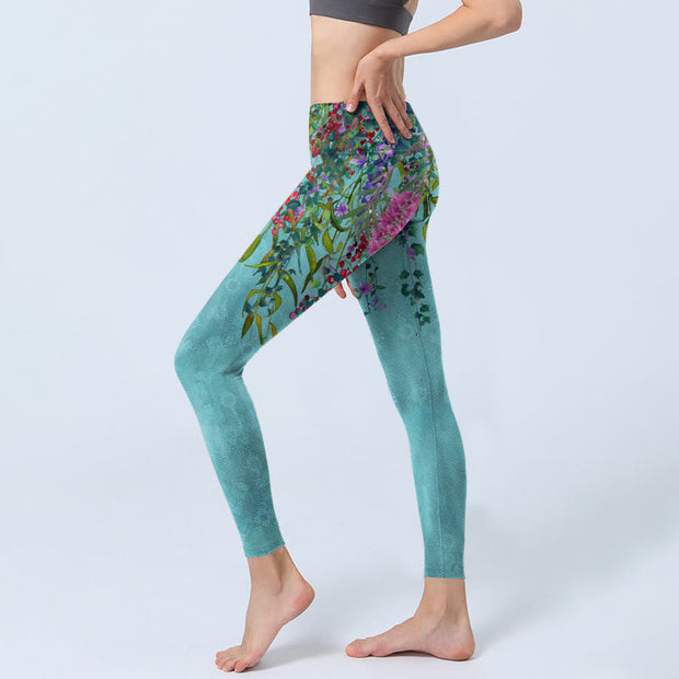 Buddha Stones Vibrant Flowers Green Willow Leaves Print Gym Leggings Women's Yoga Pants - image 3