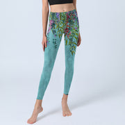 Buddha Stones Vibrant Flowers Green Willow Leaves Print Gym Leggings Women's Yoga Pants - image 6