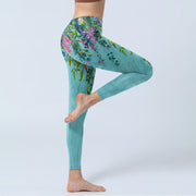 Buddha Stones Vibrant Flowers Green Willow Leaves Print Gym Leggings Women's Yoga Pants - image 4