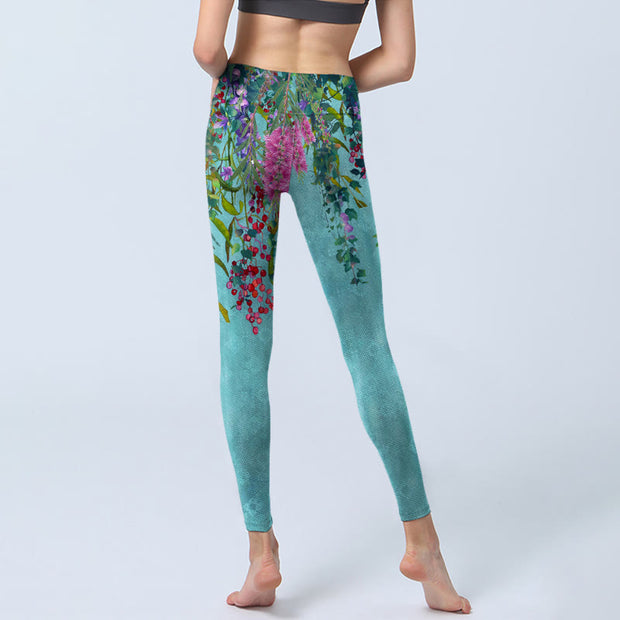 Buddha Stones Vibrant Flowers Green Willow Leaves Print Gym Leggings Women's Yoga Pants - image 7