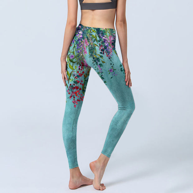 Buddha Stones Vibrant Flowers Green Willow Leaves Print Gym Leggings Women's Yoga Pants - image 5