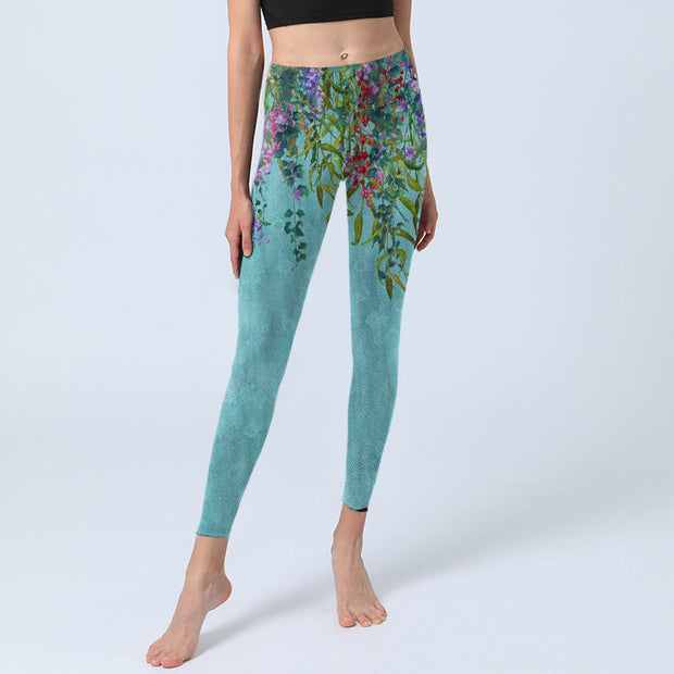 Buddha Stones Vibrant Flowers Green Willow Leaves Print Gym Leggings Women's Yoga Pants - image 6